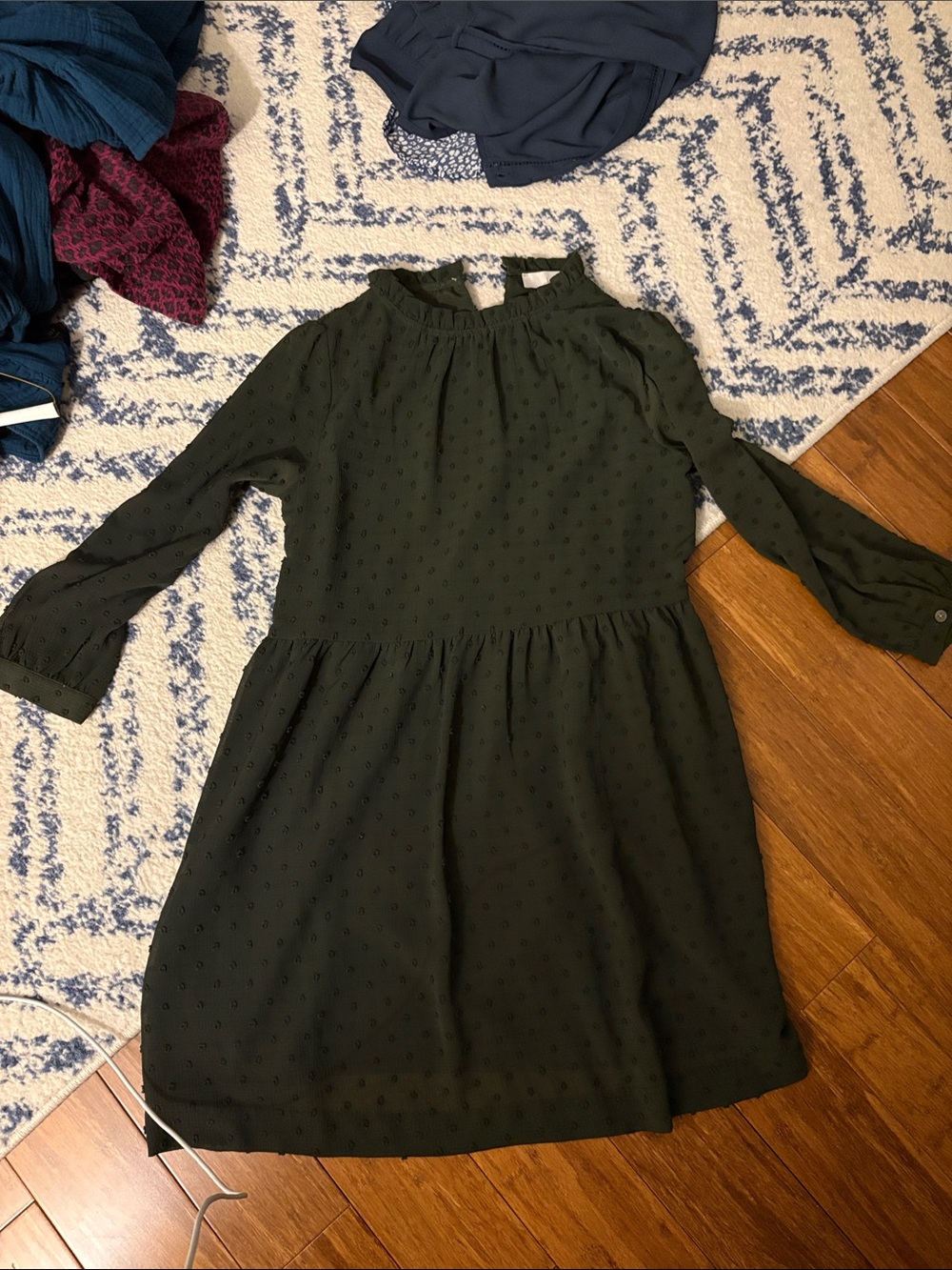 LOFT Olive Green Long Sleeve Ruffle Neck Dress